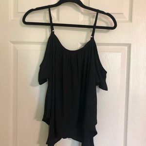 asymmetrical black flowy off the shoulder blouse